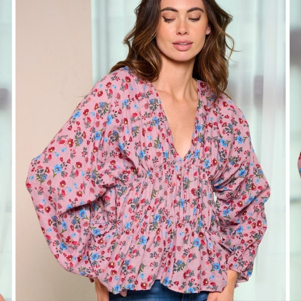 BUCKETLIST Pink Floral V-Neck Peasant Top